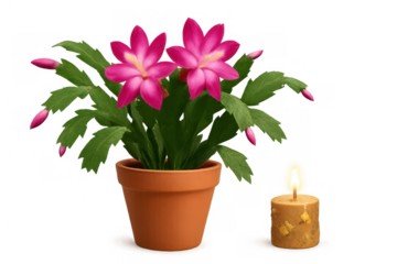 Potted pink christmas cactus blooming in terracotta pot next to a lit candle, transparent background illustration