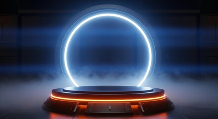 Dark Podium with Neon Ring and Mist, Futuristic Tech Event Stage Display Showcase: Gaming Product Presentation, Abstract Cyberpunk Backdrop, Dynamic Vertical Mockup.