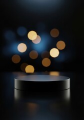 Dark Podium under Spotlight with Gold and Blue Bokeh, Minimalist Abstract Product Display Stage: Exclusive Luxury Showcase, Cinematic Presentation Backdrop, Vertical Mockup.