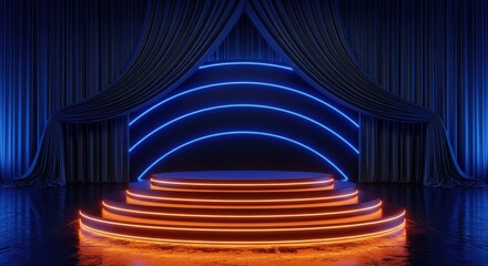 Futuristic Tiered Podium with Neon Arches and Curtains, Dynamic Tech Event Stage Display: Gaming Product Showcase, Cyberpunk Abstract Presentation, Modern Vertical Mockup.