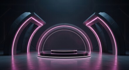 Dark Abstract Podium with Pink Neon Arch Frame, Futuristic Geometric Tech Stage Display: Gaming Event Presentation, Cyberpunk Interior Showcase, Industrial Vertical Mockup.