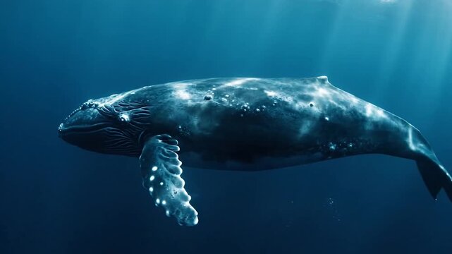 Bowhead Whale in Ethereal Sunlight Underwater. Majestic Whale Swimming in Deep Blue. Dramatic Light Rays on Bowhead Whale.