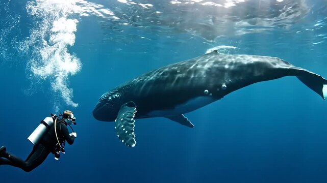 Sperm Whale and Diver Underwater Encounter. Massive Whale with Human Observer. Sunlight on Sperm Whale and Diver.