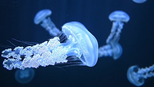 Ethereal Jellyfish Glowing in Deep Blue Water. Translucent Jellyfish Illuminated by Light. Mysterious Underwater Jellyfish Scene.