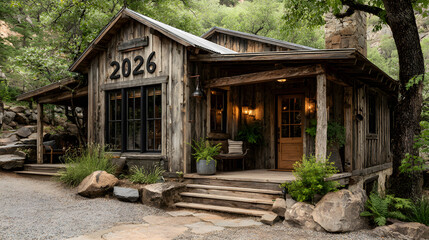 Rustic cabin exterior with address number
