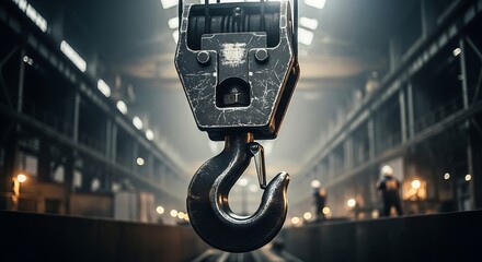 Heavy Industrial Crane Hook in a Factory Setting.
