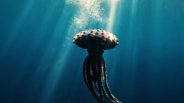 Underwater Sunbeams Illuminate Circular Deep Sea Creature. Dramatic Light Shafts on Jellyfish or Sunfish. Moody Ethereal Ocean Depth Photography.