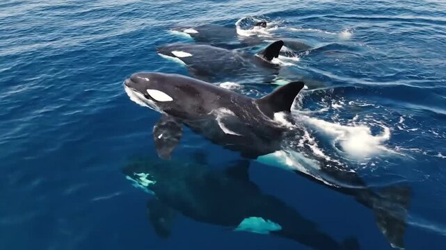 Aerial View of Orca Pod Swimming in Dark Blue Water. High-Angle Close-Up of Distorted Orca Patterns. Dynamic Orca Formation with Dappled Sunlight.