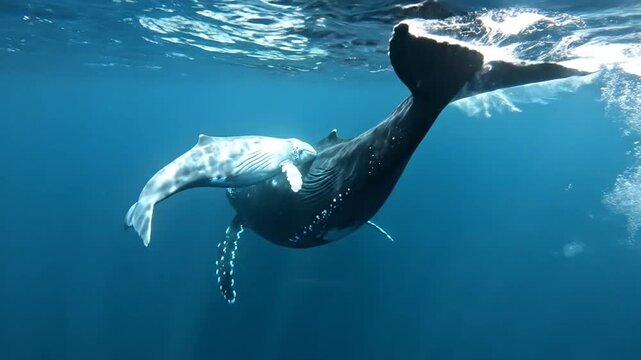 Humpback Whale Calf Swimming Close to Mother. Underwater Shot of Mother and Baby Whales. Dappled Sunlight on Whale Calf Underside.