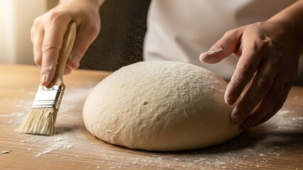 Artisanal bread dough preparation with brush and human touch closeup
