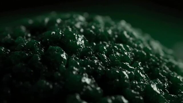 Hypnotic macro view of a slowly shifting viscous dark green gel with a wet bumpy texture and abstract background