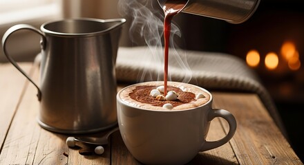 Pouring coffee into a cup with a metal pitcher.