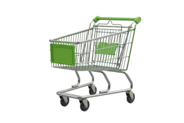 Modern empty metal shopping cart with vibrant green accents for easy design use