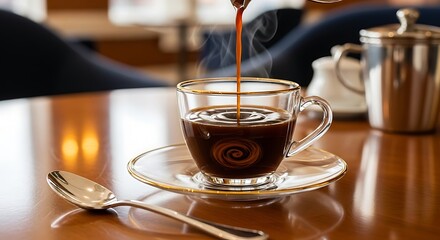 Pouring hot coffee into a clear glass cup on a wooden table.