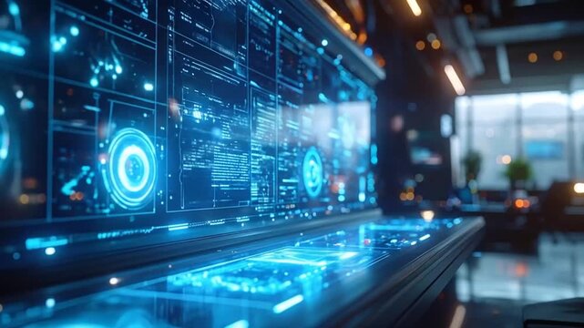 Futuristic Control Room with Glowing Data Displays.