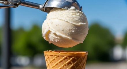 Scoop of Vanilla Ice Cream Being Placed on Cone.