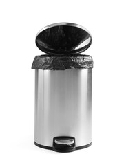One metal trash bin with plastic bag isolated on white