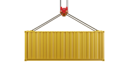 Bright yellow shipping container being lifted by a heavy duty crane hook