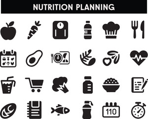 Nutrition Planning and Healthy Lifestyle Silhouette Icon Set