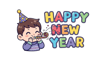 Little boy blowing New Year's trumpet 