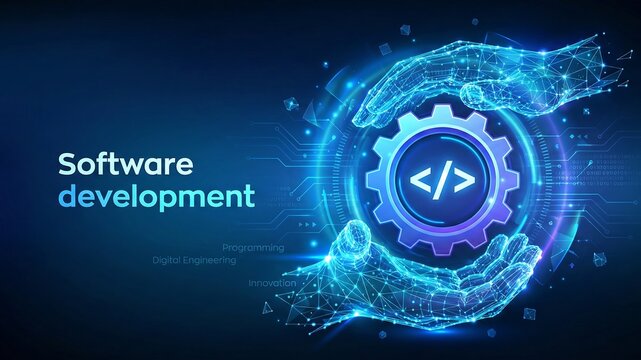 Software development practices methodology. Devops. Agile development optimization concept. Software engineering. Software development icon in wireframe hand. Vector illustration ai