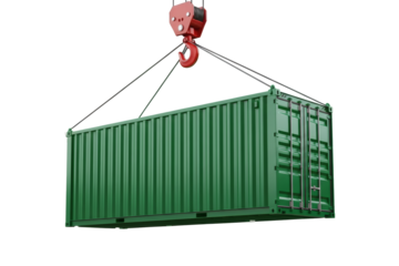 Stunning green shipping container expertly lifted by heavy duty industrial crane hook