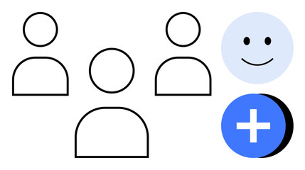 User interaction concept. User icons connecting people for collaboration and group management. User engagement highlighted with add icons for scalability. Useful for apps, networking, business