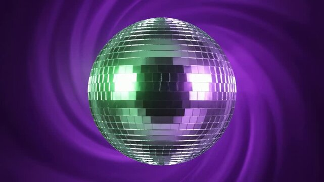 Abstract Party Animation with a Vertically Rotating Mirrored Ball on a Purple Vortex Background