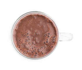Tasty hot cocoa in cup isolated on white, top view