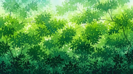 Lush green forest canopy watercolor illustration showing shades of nature