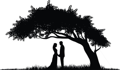 Romantic couple silhouette standing under tree, holding hands in love, peaceful outdoor scene, wedding or valentine concept, romantic relationship illustration vector