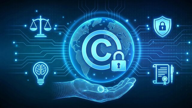 Copyright. Patents and intellectual property protection law and rights. Protect business ideas and headhunter concepts. Robotic hand touching digital interface. Vector illustration. ai