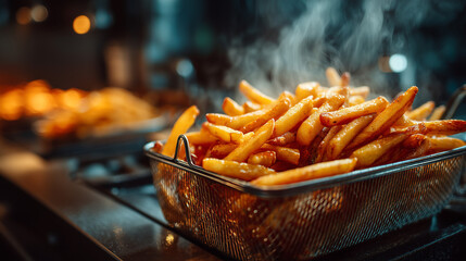 Steaming hot golden French fries served fresh in a metal basket.