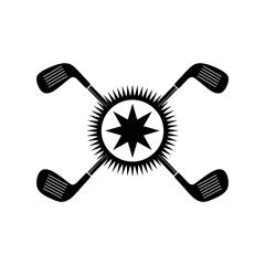 Golf clubs crossed emblem with starburst design.