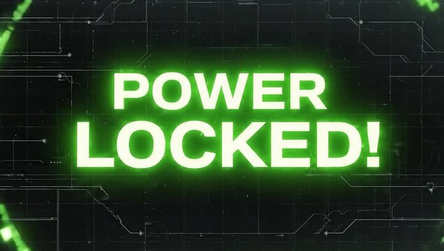 Power locked text effect with green digital fire on dark background