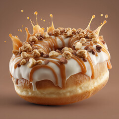 A delicious caramel nut donut with white icing and a dynamic splash.