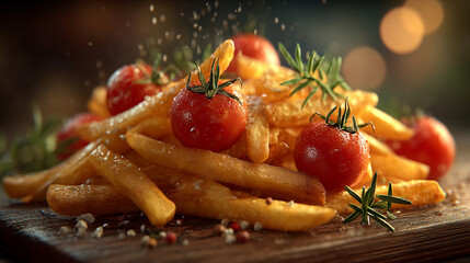 Gourmet french fries with cherry tomatoes and rosemary, seasoned with salt.