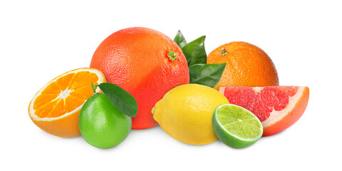 Citrus fruits isolated on white. Fresh oranges, lemon, limes and grapefruits