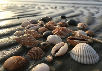 Seashell bounty glistens under seaside sunlight at golden hour