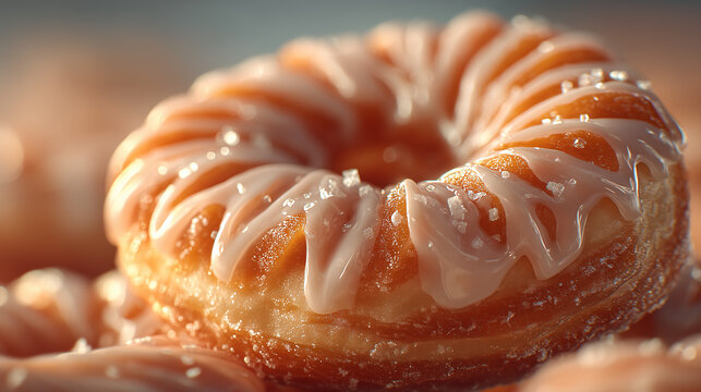 A delicious cronut pastry with white icing and sparkling sugar sprinkles.