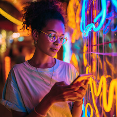 Stylish woman uses phone amidst colorful neon lights.