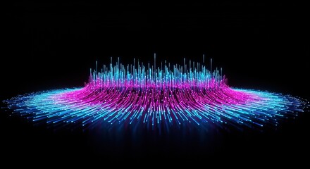 Abstract digital visualization of a dynamic data stream, featuring vibrant blue and magenta glowing particles radiating in a captivating circular pattern, embodying futuristic technology 