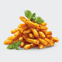 A delightful mound of golden fries garnished with fresh basil leaves.
