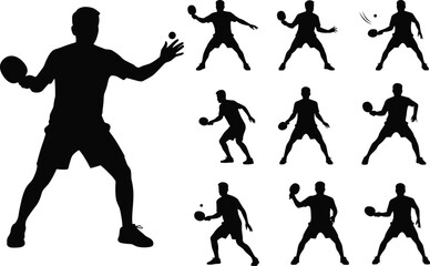 Set of Table Tennis Player Action Silhouettes Vector Illustration, Male Athlete Serving, Playing, and Rallying in Ping Pong Game, Sport Collection Graphic Design. (23 words)
