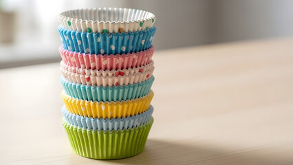 A stack of colorful paper cupcake liners in pastel shades, creating a visually appealing and fun composition. Perfect for baking, party decorations, or any creative project.
