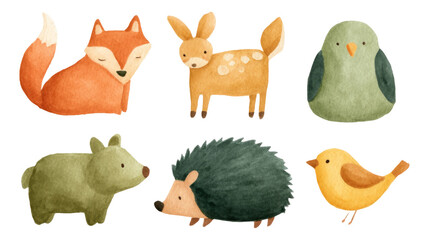 Naklejka premium Whimsical Watercolor Illustrations of Adorable Animals in Nature Setting