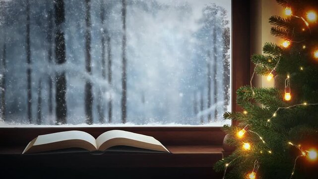 A cozy winter scene with an open book on a windowsill, a snowy forest outside, and a Christmas tree with warm lights.