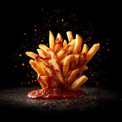 Golden crispy French fries with ketchup and spices scattering on black surface.