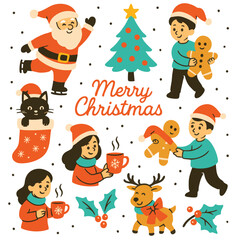 Merry Christmas illustration with family, cookie, tree, reindeer, cat