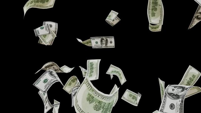 Dollar Banknotes Falling and Flying Animation with alpha chanal background. Money Rain 3D Dollars Falling Loop. USD Cash Flying and Falling Motion